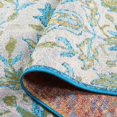 Ivory and Light Blue Synthetic Square Indoor/Outdoor Area Rug