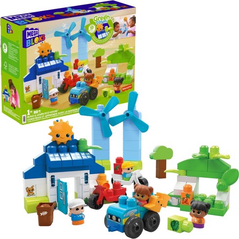 MEGA BLOKS Fisher Price Toddler Building Blocks, Green Town Build & Learn  Eco House with 88 Pieces, 4 Figures, Toy Gift Ideas for Kids