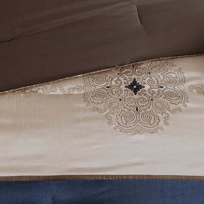 Regency Heights 24 Pcs RIAB Faux Silk Luxury Bedding Set, Classic Palace Style Medallion Jacquard Premium Bed Set with Pillows, Bedskirt and Valances, Navy, Queen — фото 7