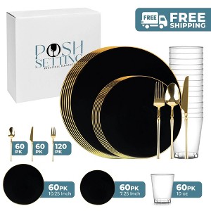 Posh Setting 420 Piece Black And Gold Plastic Party Bundle - Organic (60 Settings) - 1 of 4