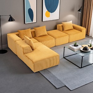 Corduroy Modular L-Shaped Sectional Sofa with High-Density Sponge, 5 Pillows - 1 of 4