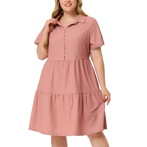 Agnes Orinda Women's Plus Size Babydoll Half Placket Elastic Back Button  Chambray Dresses Pink 2X