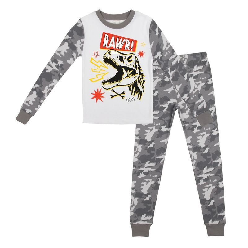 Dinosaur Character with Camo Pattern Youth Long Sleeve Pajama Set, 1 of 5