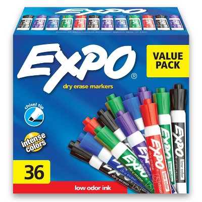 Expo 36ct Lo Odor Chisel Markers Assorted Colors: Dry Erase, Bold Point, Multicolored, Whiteboard, Art & Office Supplies