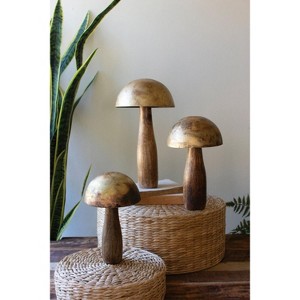 Antique Brass Mushrooms with Wooden Bases – 14.5" Tall Set of 3 by Kalalou - 1 of 4