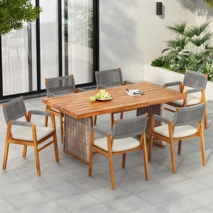 Christopher Knight Home Francesca Rustic 7 Piece Outdoor Woven Rope Acacia Wood Dining Set with Rattan Slatted Table - 1 of 4