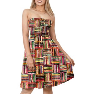 LA LEELA Women's Summer Boho Beach Smocked Mini Swing Dress Tube Top Strapless Dresses for Women One Size Varicolor, Stripes - 1 of 4
