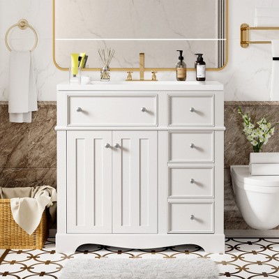 ModernLuxe 36'' Bathroom Vanity with Resin Sink, 3 Drawers & Adjustable Shelf, Solid Wood Frame Storage Cabinet with Gold Knobs, Blue/White