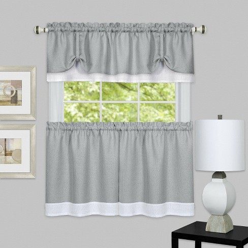 Kate Aurora Complete 3 Piece Country Farmhouse Plaid Gingham Black & White  Buffalo Check Kitchen Curtain Tier & Valance Set - 36 in. Long