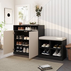 KWPZQEB Shoe Cabinet with Bench, Entryway Bench w/ Doors & Adjustable Shelves, Unique L-Shaped Bench Cabinet w/ Removeble Cushion for Hallway - 1 of 4