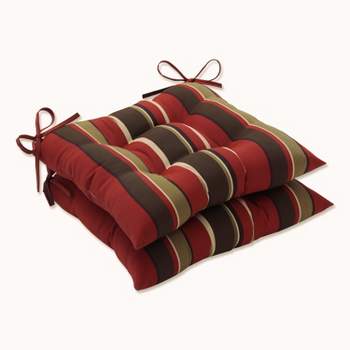 2 Piece Outdoor Tufted Chair Cushion - Brown/Red Stripe - Pillow Perfect