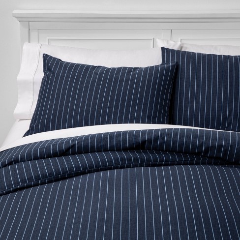 Full Queen Family Friendly Stripe Duvet Pillow Sham Set Navy