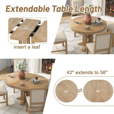 5-Piece Dining Set, Extendable Round Table and 4 Cushioned Chairs, Farmhouse Style for Kitchens and Dining Rooms