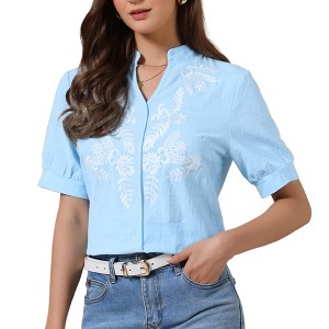 INSPIRE CHIC Women's Summer Cotton Floral V Neck Short Sleeve Embroidered Casual Blouses - 1 of 4