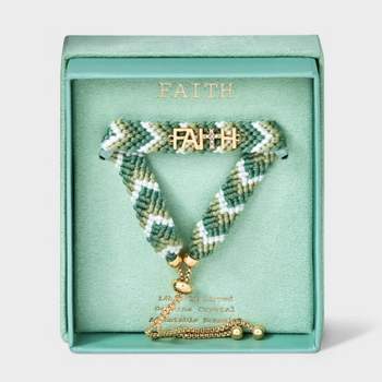 14k Gold Dipped "Faith" with Crystal Cross Woven Adjustable Bracelet - A New Day™ Green