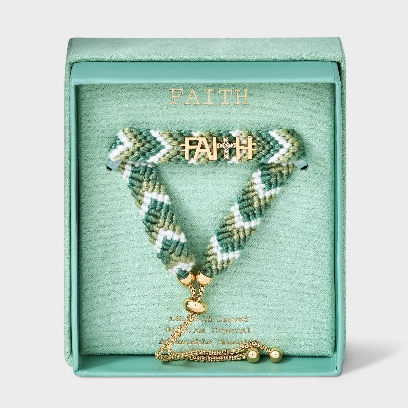 14k Gold Dipped &#34;Faith&#34; with Crystal Cross Woven Adjustable Bracelet - A New Day&#8482; Green, 1 of 6