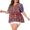 Agnes Orinda Women's Plus Size Boho Floral Print V Neck Short Sleeve Summer Peplum Blouses - 2 of 4