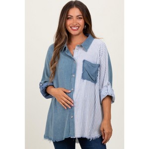 Pinkblush Blue Colorblock Stripe Oversized Maternity Button Down - 1 of 4