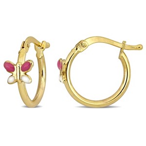 EVERLY JEWELRY | 14k Yellow Gold Pink and White Enamel Butterfly Hoop Earrings - 1 of 4