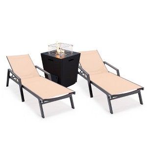 LeisureMod Marlin Patio Lounge Chairs with Arms and Fire Pit Side Table - Black Trim, Set of 2 - 1 of 4