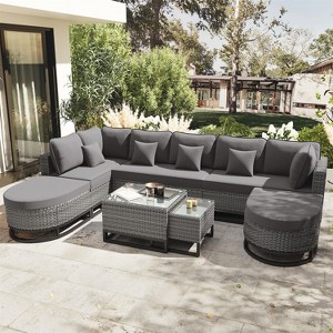 ELJGET 7 Pieces Outdoor Patio Furniture Sofa Set with Coffee Table and Pillows, Rattan Conservation Sectional Free Combination Set - 1 of 4