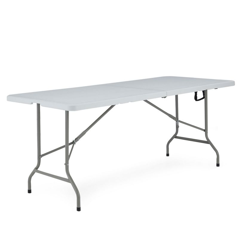 JOMEED UP041 6 Foot Long Portable Plastic Folding Multipurpose Utility Picnic Table with Powder Coated Steel Legs and Built In Carry Handle, White, 1 of 7