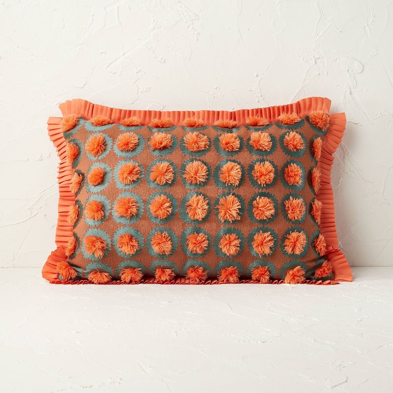 Oblong Jungalow Fringe Pom Decorative Throw Pillow Orange Coral - Opalhouse&#8482; designed with Jungalow&#8482;, 1 of 6