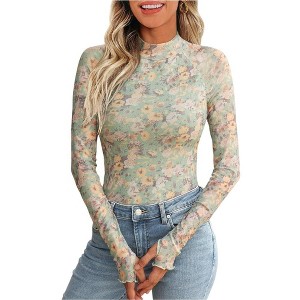 Coolmee Women Lace Sheer Long Sleeve Floral Mesh Mockneck Cute Going Out Tops Fall Fashion Outfits Clothes - 1 of 4
