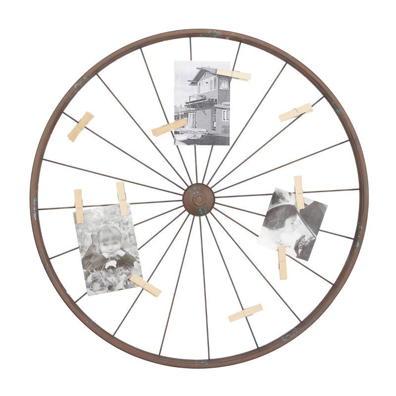 Metal Bike Wheel Wall Decor with Clothespin Photo Brown - Olivia &#38; May, 1 of 8