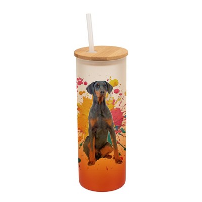 100 North 25 Ounce Frosted Glass Gradient Travel Tumbler With Straw & Wooden Lid, Doberman Pinscher Dog Orange