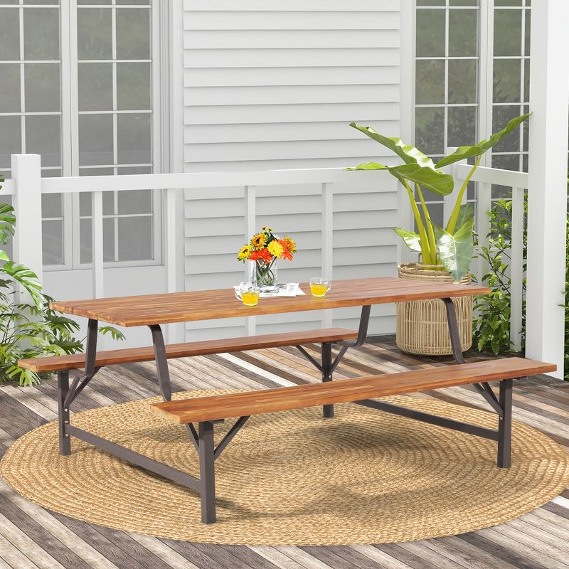 Costway Acacia Wood Patio Picnic Table Bench Set  with 71'' Tabletop ＆ 2'' Umbrella Hole, 2 of 10