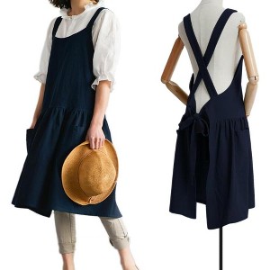 Women's Cotton Linen Cross Back Apron with Pockets - Turquoise with Waist Ties, for Gardening, Cleaning, and Cooking - 1 of 4