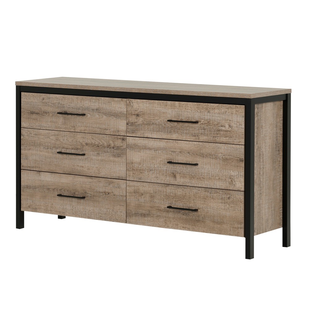 Photos - Dresser / Chests of Drawers South Shore Munich 6 Drawer Double Dresser Weathered Oak/Matte Black: Lami