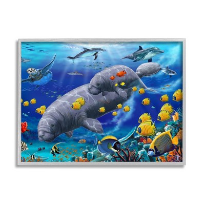 Stupell Industries Manatees & Fish Swimming Framed Giclee Art