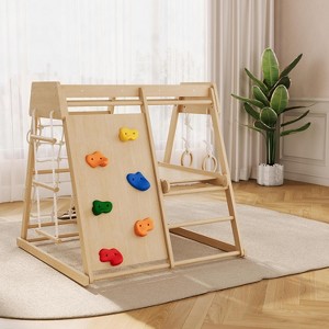 Indoor Playground 8-in-1 Jungle Gym, Wooden Climber Playset with Slide, Swing, Monkey Bars, Climbing Net, Kids Christmas Gift, Natural - 1 of 4