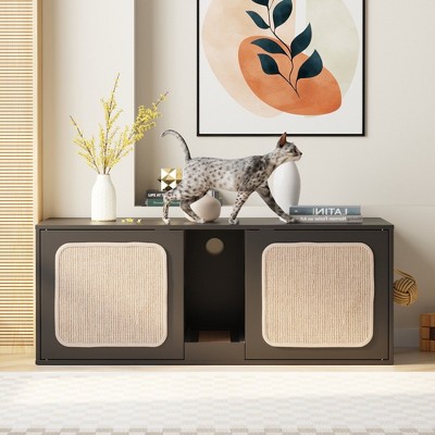 Famapy Black Minimalist Cat Cabinet Cat Litter Box Magnetic Sisal Cabinet Door Separate Litter Trap