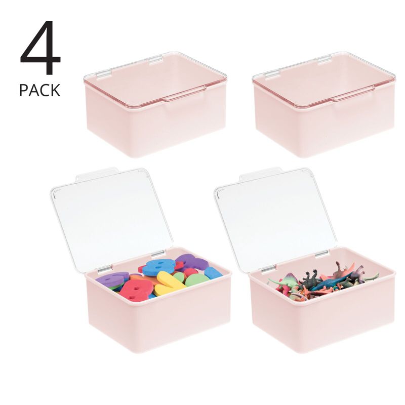mDesign Plastic Stackable Toy Storage Bin Box with Lid, 4 Pack - 5.63 x 6.65 x 3, Light Pink/Clear, 2 of 7