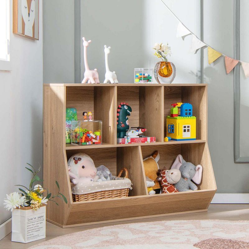 Costway 5-Cubby Kids Toy Storage Organizer Wooden Bookshelf Display Cabinet Natural/White, 2 of 11