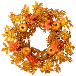 Northlight Autumn Leaves Pumpkins and Berries Artificial Fall Harvest Wreath - 22" - 1 of 4