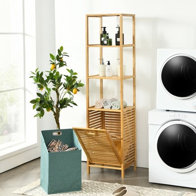 Costway Bathroom Tilt-out Laundry Hamper Bamboo Tower Hamper w/3-Tier Shelves, 3 of 11