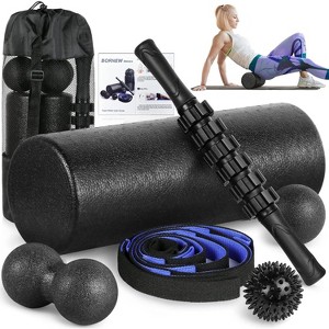 Foam Roller Set - High Density Back Roller, Muscle Roller Stick,2 Foot Fasciitis Ball, Stretching Strap, Massager Ball for Whole Body Physical Therapy - 1 of 4