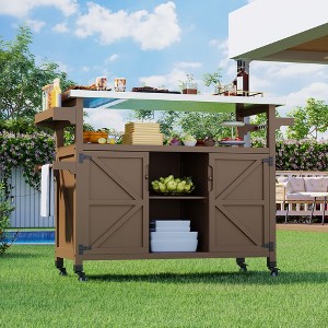 Outdoor Grill Cart with Storage Cabinet, Farmhouse Solid Wood Kitchen Island on Wheels, Outdoor Grill Table with Stainless Steel Table Top - 1 of 4