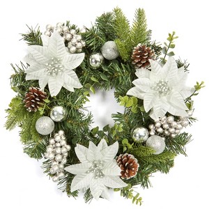 Front Door Christmas Wreath, 16 Inch Artificial Wreath with Flowers and Leaves, Balls and Berries for Home Holiday Decorations - 1 of 4