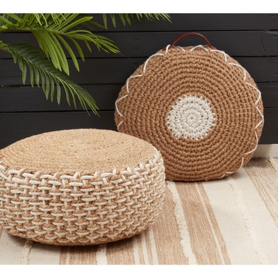 Natural Woven Cotton and Jute Oblong Pouf with Handle