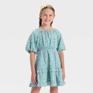 Girls' Short Sleeve Tiered Floral Dress - Cat & Jack™ Green - 1 of 3
