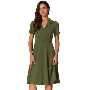 INSPIRE CHIC Women's Vintage Flat Collar V Neck Short Sleeve Belted 1950s Flare Dress - 1 of 4