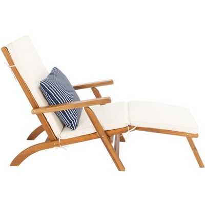 Acacia Wood White Chaise Lounge Chair with Striped Pillow