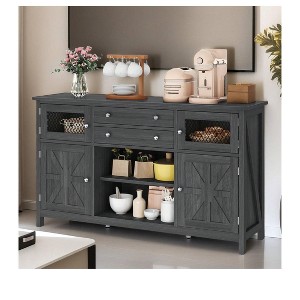 59 inch Farmhouse Coffee Bar Cabinet Sideboard Buffet Cabinet With 2 Large Drawers & Visual Grid Door & Barn Door For Kitchen & Living Room, Grey - 1 of 4