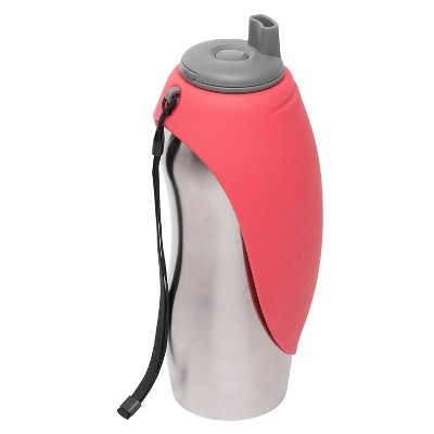 Messy Mutts Stainless Steel 24 Ounce Travel Water Bottle with Watermelon Red Silicone Flip Up Bowl