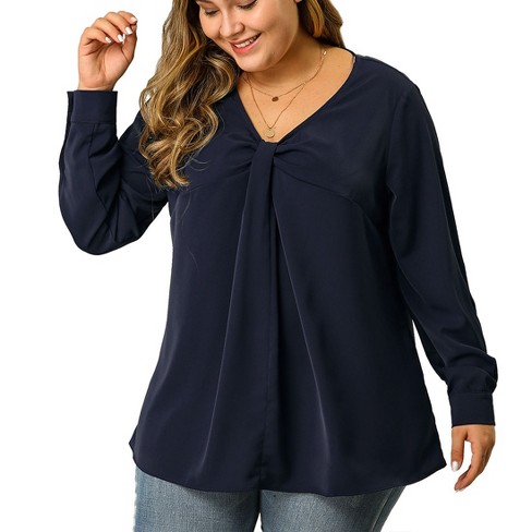 Agnes Orinda Women's Plus Size Long Sleeve Tie Winter Trendy Basic Tunic  Blouse Navy Blue 3x : Target